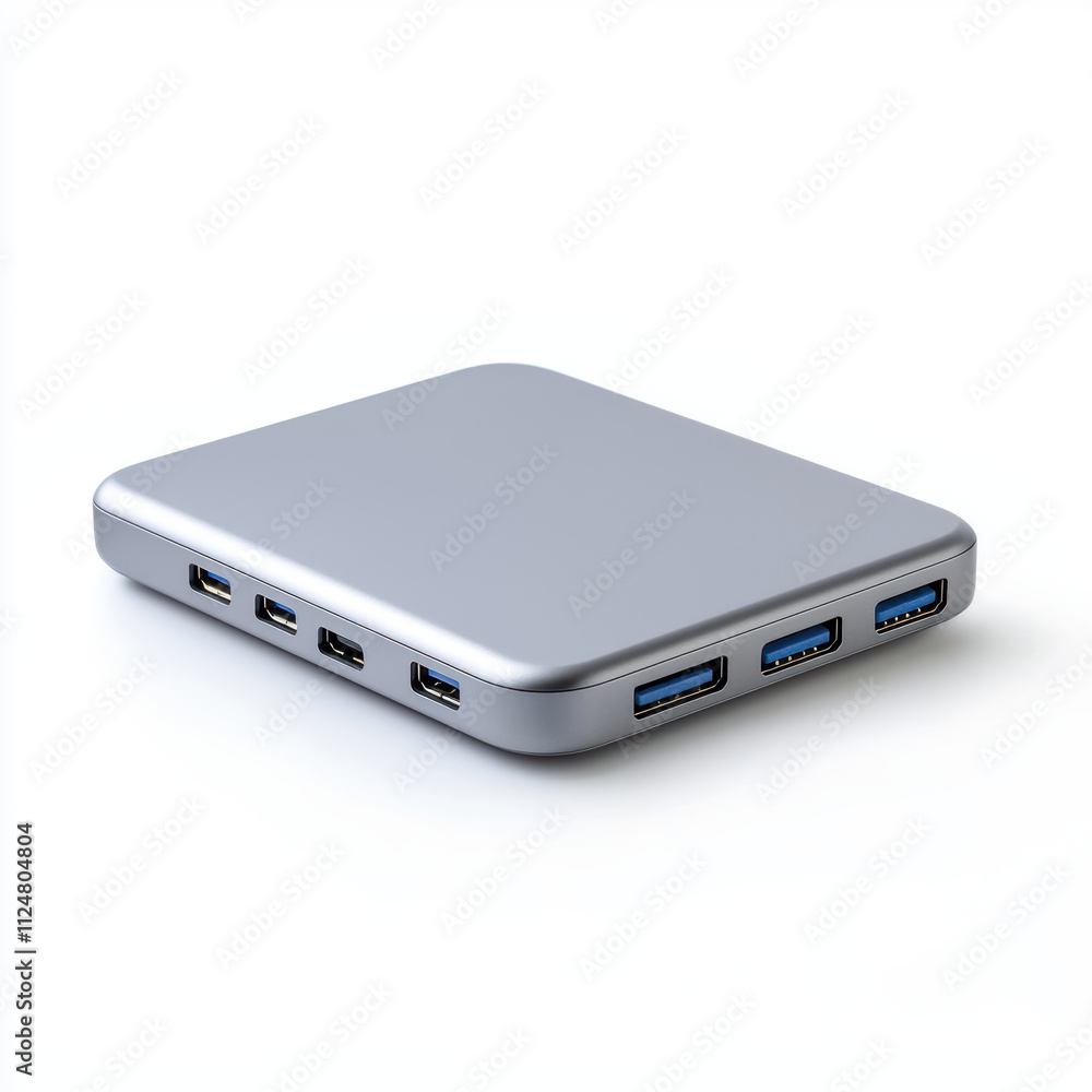 Compact silver external hard drive with multiple USB ports on white background Compact silver external hard drive with multiple USB ports on white background