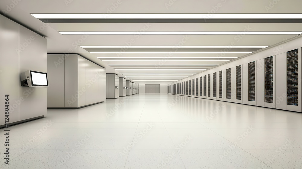Fototapeta premium Futuristic data center, with AI technology scaling resources to process vast datasets. A spacious, modern data center featuring clean lines and advanced technology.