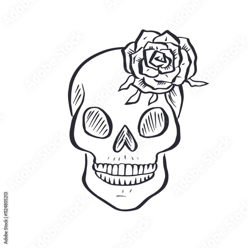 Hand drawn black and white sketchy floral human skull isolated on white background. Doodle skeleton head with rose flower tattoo design.