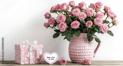 Pink roses in a pink vase with a white heart and a gift box on a wooden table, womens day background photo