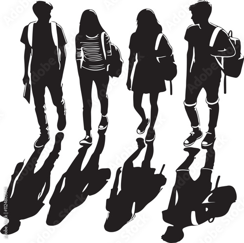 Silhouette vector illustration of people walking forward.
