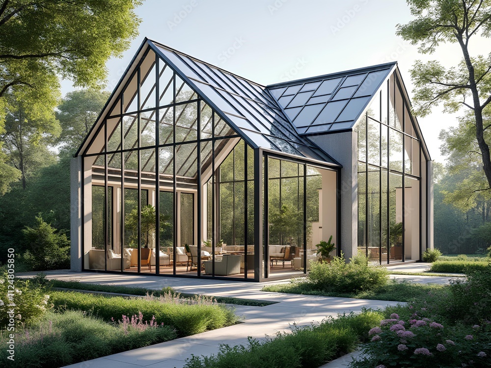 A glass house with green tree in the surrounding for hosting event and function A glass house with green tree in the surrounding for hosting event and function