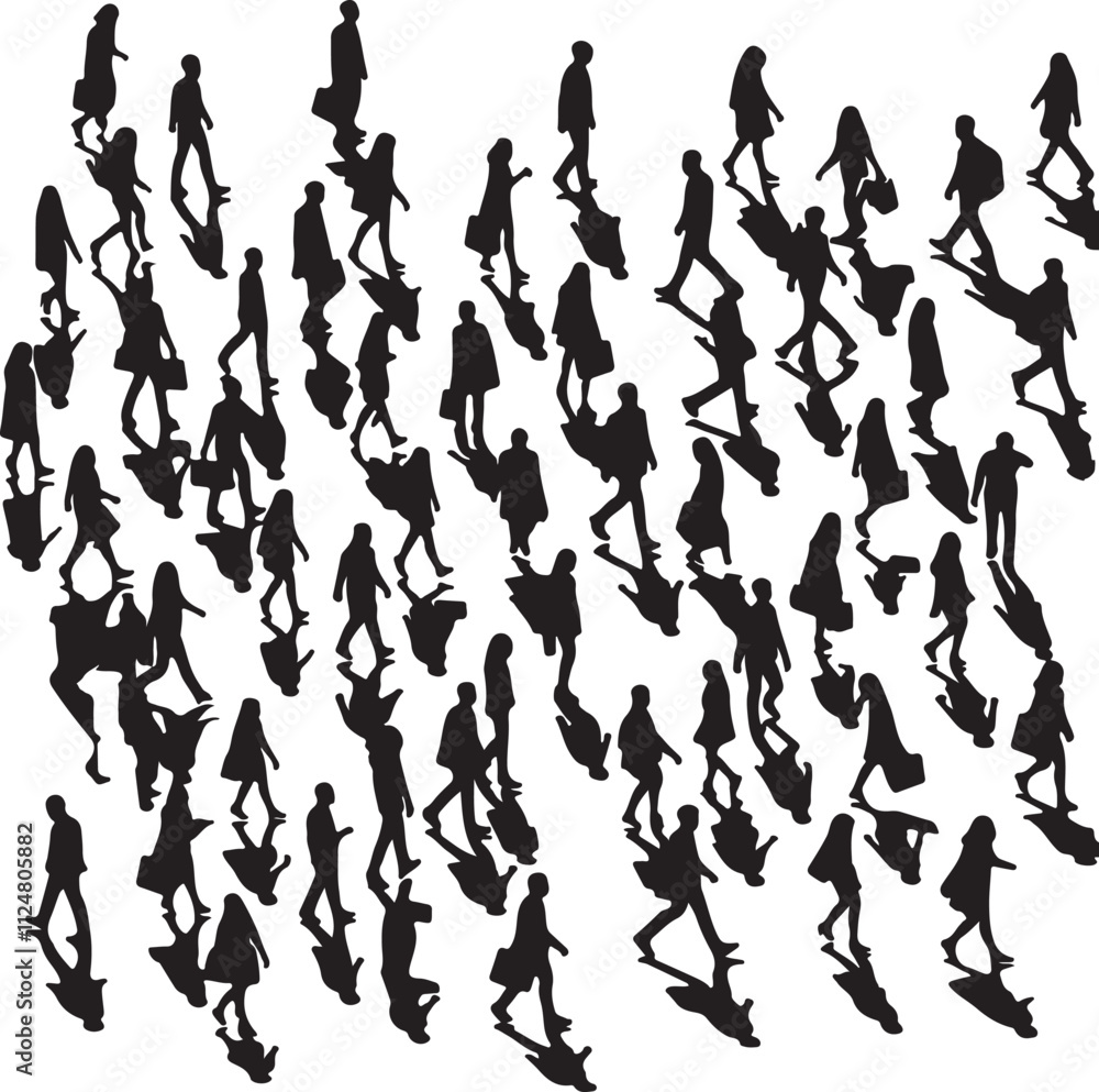 Silhouette vector illustration of people walking forward.
