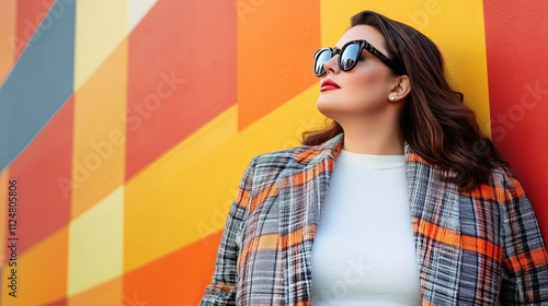 Plus Size Woman in Trendy Plaid Coat and Sunglasses