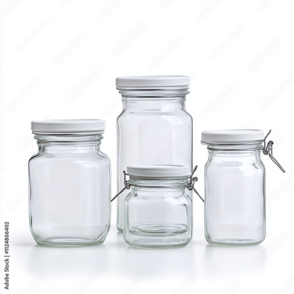 Clear glass jars with white airtight lids in various sizes on white background Clear glass jars with white airtight lids in various sizes on white background