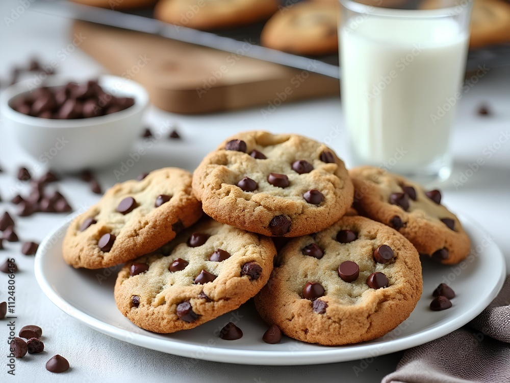 Chocolate chip cookie on a white plate with a glass of milk on the side for teatime Chocolate chip cookie on a white plate with a glass of milk on the side for teatime