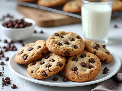 Chocolate chip cookie on a white plate with a glass of milk on the side for teatime