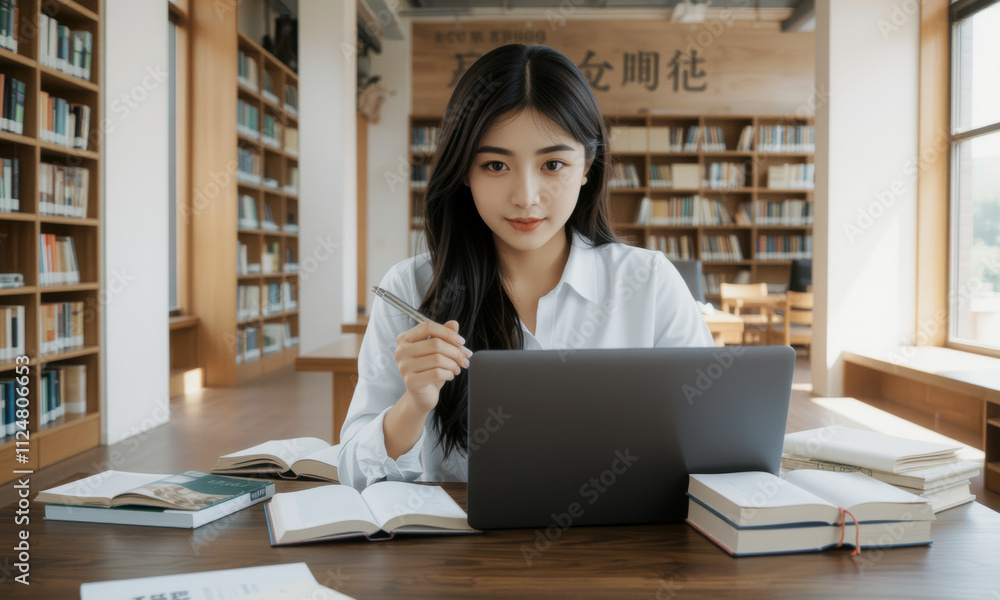 focused Asian university student studying in library, surrounded by books and using laptop. serene environment enhances concentration and learning focused Asian university student studying in library, surrounded by books and using laptop. serene environment enhances concentration and learning