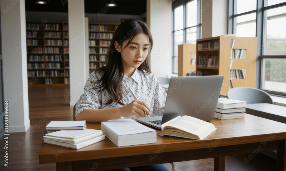focused Asian university student studying in library, using laptop surrounded by books and stationery. serene environment enhances concentration and learning focused Asian university student studying in library, using laptop surrounded by books and stationery. serene environment enhances concentration and learning