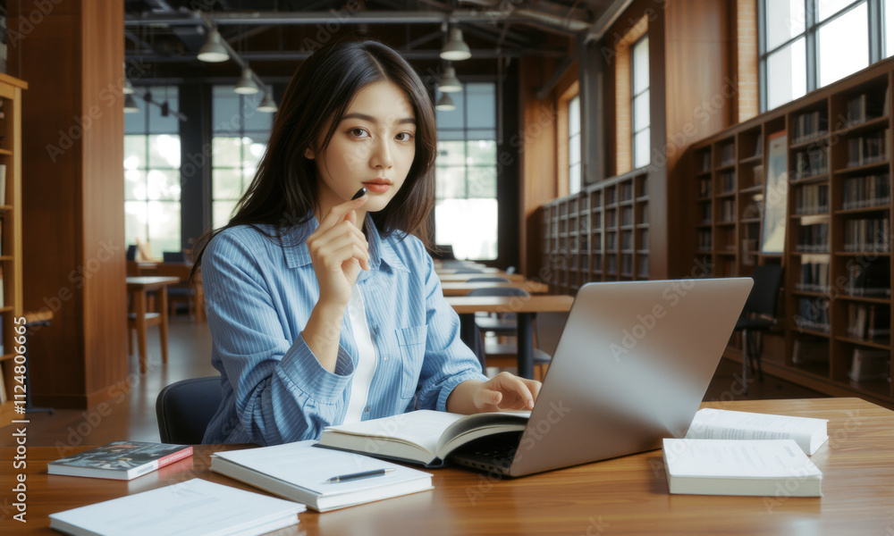 focused Asian university student studies in library, surrounded by books and laptop. She holds pen thoughtfully, reflecting her dedication to learning focused Asian university student studies in library, surrounded by books and laptop. She holds pen thoughtfully, reflecting her dedication to learning