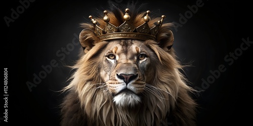 Majestic lion wearing a crown against a black matte background representing power and nobility