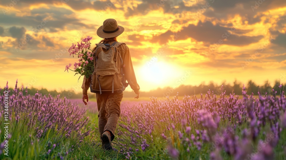 A person walks through a vibrant lavender field at sunset, carrying a bouquet, with a serene atmosphere and golden skies. A person walks through a vibrant lavender field at sunset, carrying a bouquet, with a serene atmosphere and golden skies.