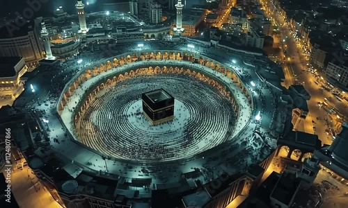 Aerial Night View of the Masjid al-Haram in Mecca, Surrounding Kaaba