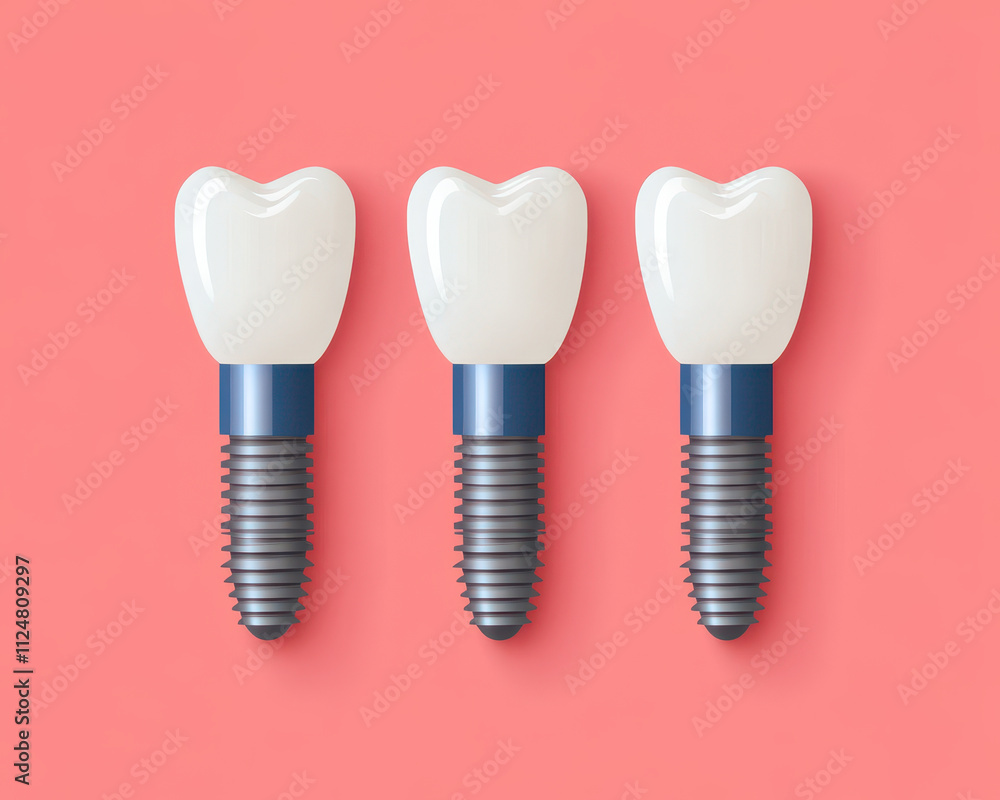 Digital illustration of dental implants on pink background, showcasing types Digital illustration of dental implants on pink background, showcasing types