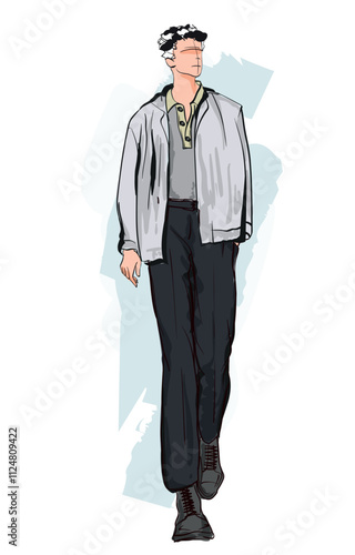 Beautiful young girl in stylish clothes. Fashion woman look. Sale concept. Hand-drawn fashion illustration. Cute girl in fashion clothes. 