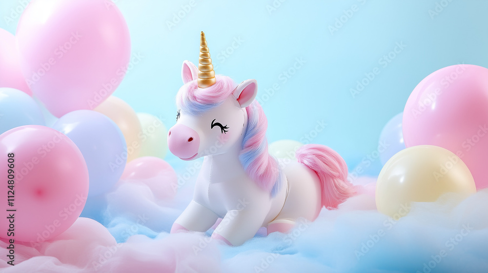 A toy unicorn with a pastel pink and blue mane and a shiny golden horn, lying atop soft, fluffy clouds surrounded by pastel balloons. A toy unicorn with a pastel pink and blue mane and a shiny golden horn, lying atop soft, fluffy clouds surrounded by pastel balloons.