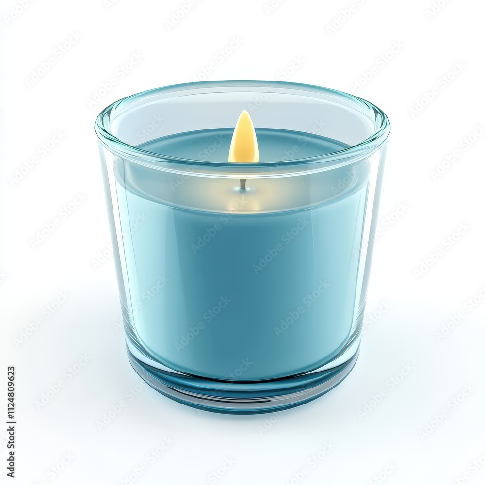 Blue Candle in Clear Glass Holder with Soft Flame Illuminating White Background Blue Candle in Clear Glass Holder with Soft Flame Illuminating White Background
