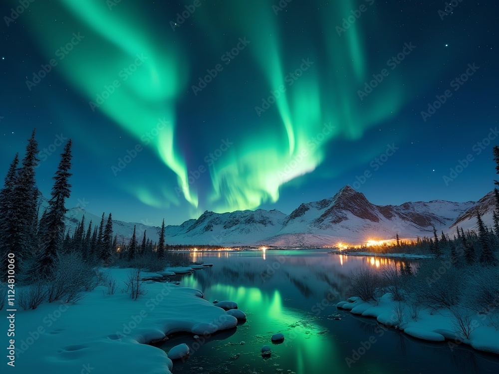 custom made wallpaper toronto digitalBlue green northern light in the night sky and deep mountain area with pine trees during the winter season