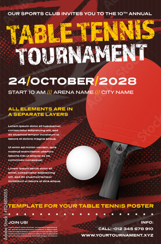 Table tennis tournament poster template with ball, racket and dynamic halftone grungy background
