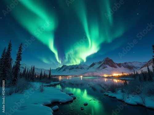 Wallpaper Mural Blue green northern light in the night sky and deep mountain area with pine trees during the winter season Torontodigital.ca