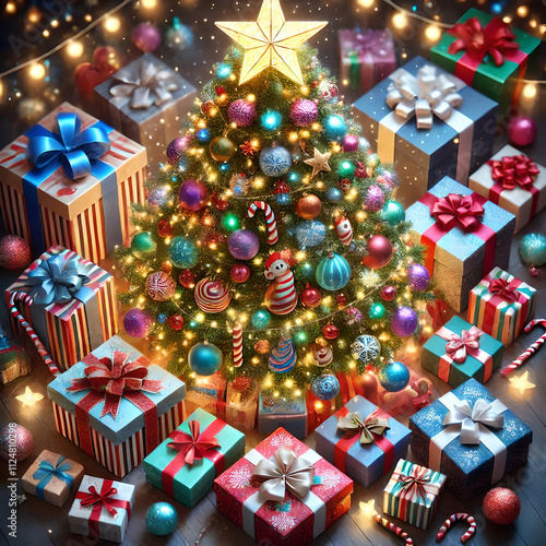Festive Christmas Tree Surrounded by Gifts
