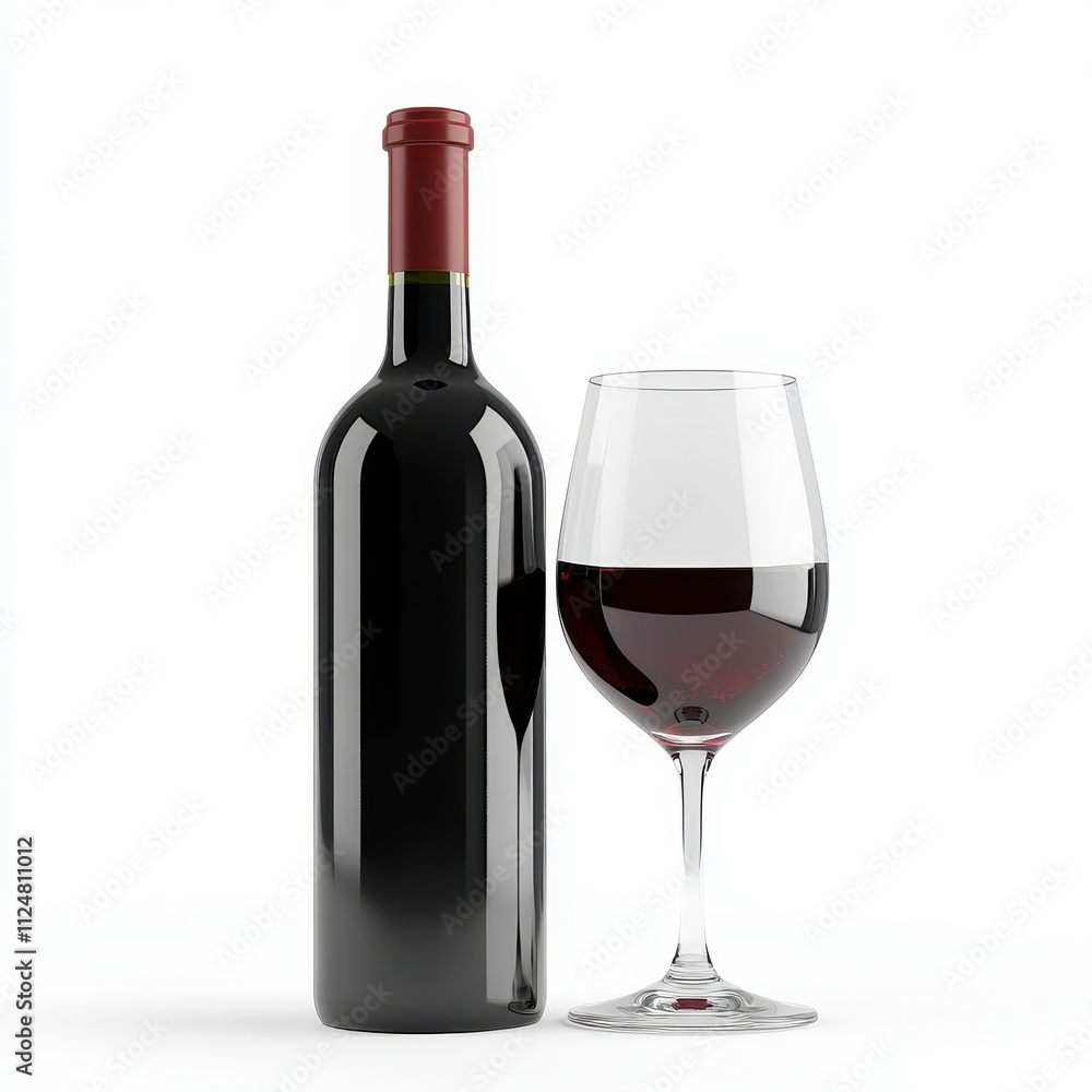 Elegant Red Wine Bottle and Glass Displaying Rich Color and Reflection on Clean Surface Elegant Red Wine Bottle and Glass Displaying Rich Color and Reflection on Clean Surface
