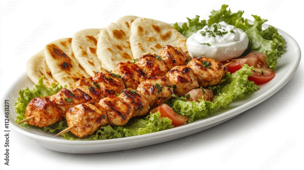 Chicken Kebabs with Flatbread and Salad on a Platter Chicken Kebabs with Flatbread and Salad on a Platter