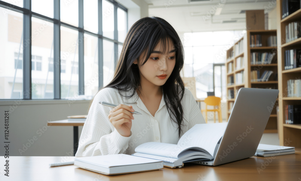 focused Asian university student studies at library, using laptop and taking notes. serene environment enhances her concentration and learning experience focused Asian university student studies at library, using laptop and taking notes. serene environment enhances her concentration and learning experience
