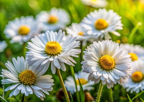 Bright Yellow and White Daisies Blooming on a Lush Green Ground, Captivating Nature Scene Perfect for Fashion Photography Inspiration and Floral Aesthetics