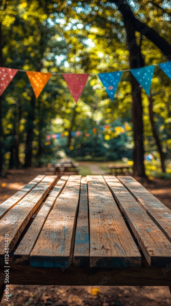 Wooden Table with Colorful Festival Flags in a Sunlit Park Wooden Table with Colorful Festival Flags in a Sunlit Park