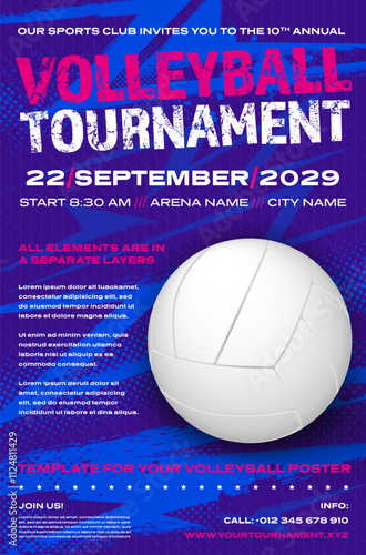 Volleyball tournament poster template with ball and dynamic halftone grungy background