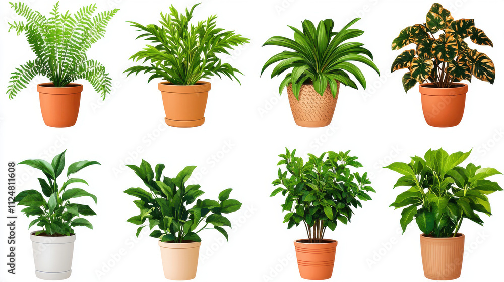 Fototapeta premium vibrant collection of houseplants in various pots, showcasing lush greenery and diverse leaf shapes, perfect for home decor
