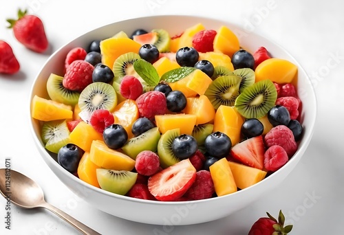 Fresh mixed fruit salad in a white bowl on white background.