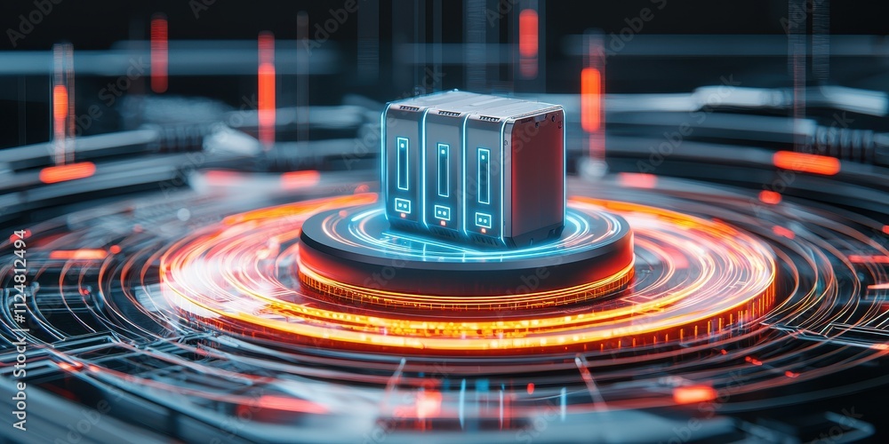 A futuristic CPU on a glowing circular platform surrounded by digital elements. A futuristic CPU on a glowing circular platform surrounded by digital elements.
