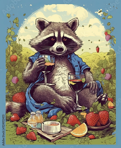 Illustration with raccoon on blue background. photo