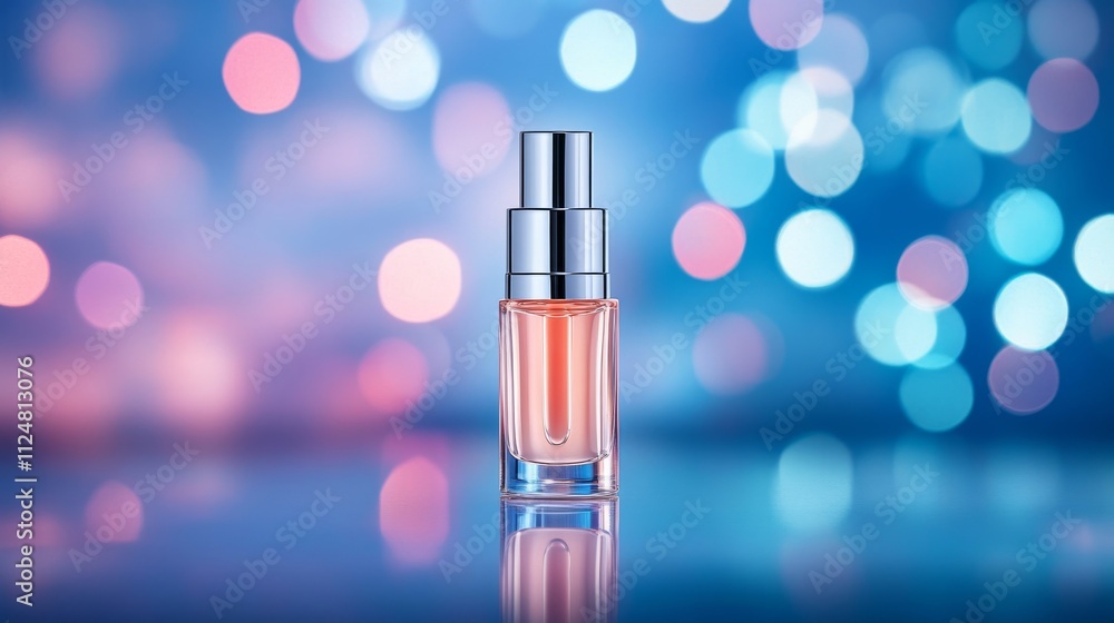 Perfume bottle with a colorful bokeh background. Perfume bottle with a colorful bokeh background.