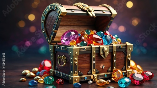 A treasure chest-style gift box adorned with gemstones, fantasy theme, 3D rendering.