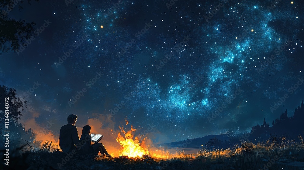 Two people reading by a campfire under a starry sky.