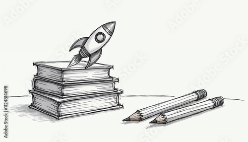 Back To School - Books And Pencils With Rocket Sketch