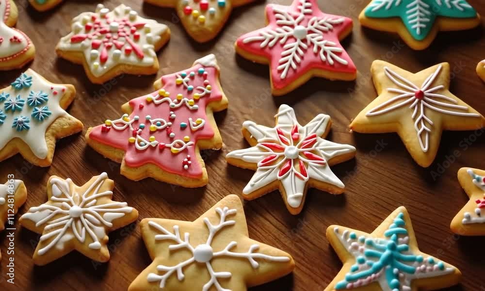 Decorated Christmas Sugar Cookies on Wooden Surface Decorated Christmas Sugar Cookies on Wooden Surface