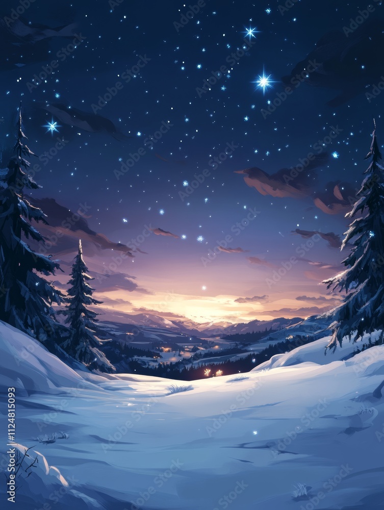 A serene winter landscape under a starry sky. A serene winter landscape under a starry sky.