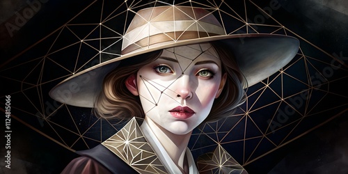 Modern woman in hat with oil paint geometric art featuring striking facial features and intricate patterns