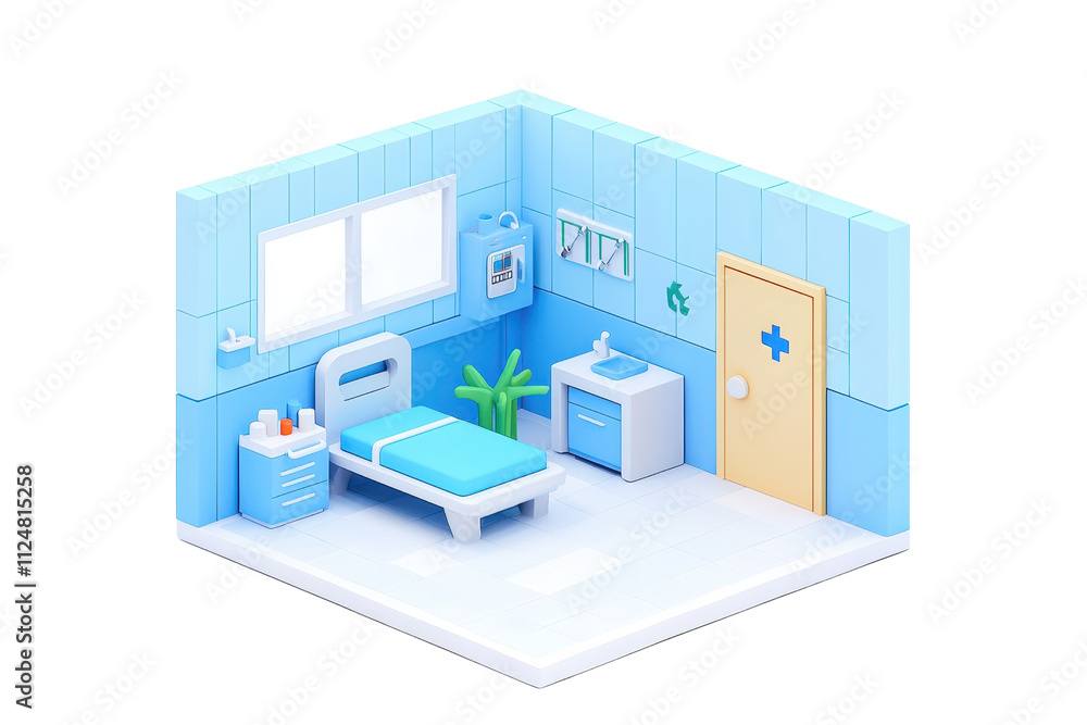 A cozy hospital room featuring a bed, medical equipment, a plant, and a door with a medical symbol. A cozy hospital room featuring a bed, medical equipment, a plant, and a door with a medical symbol.