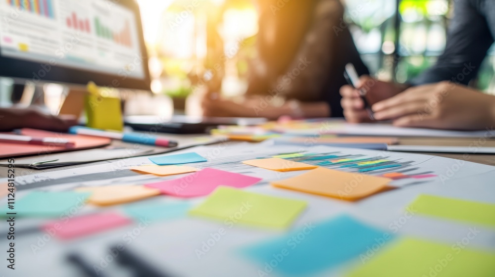 Fototapeta premium Brainstorming Session with Sticky Notes and Charts