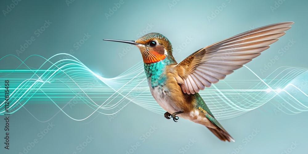 Fototapeta premium Science fiction hummingbird hovering in a futuristic setting with vibrant colors and dynamic wave patterns