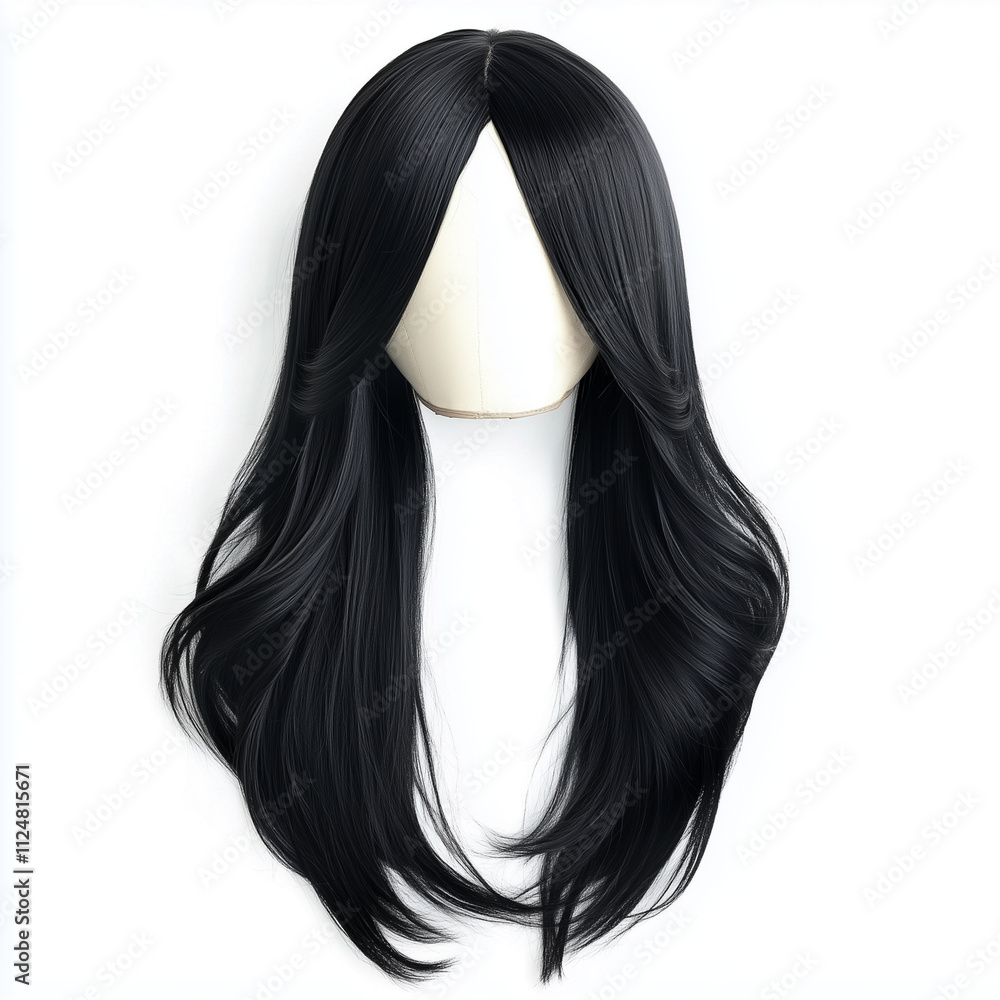 Straight black wig with center parting isolated on white background Straight black wig with center parting isolated on white background