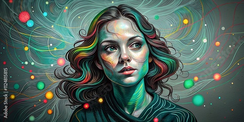 Techno style woman portrait with vibrant patterns and glowing shapes in abstract design