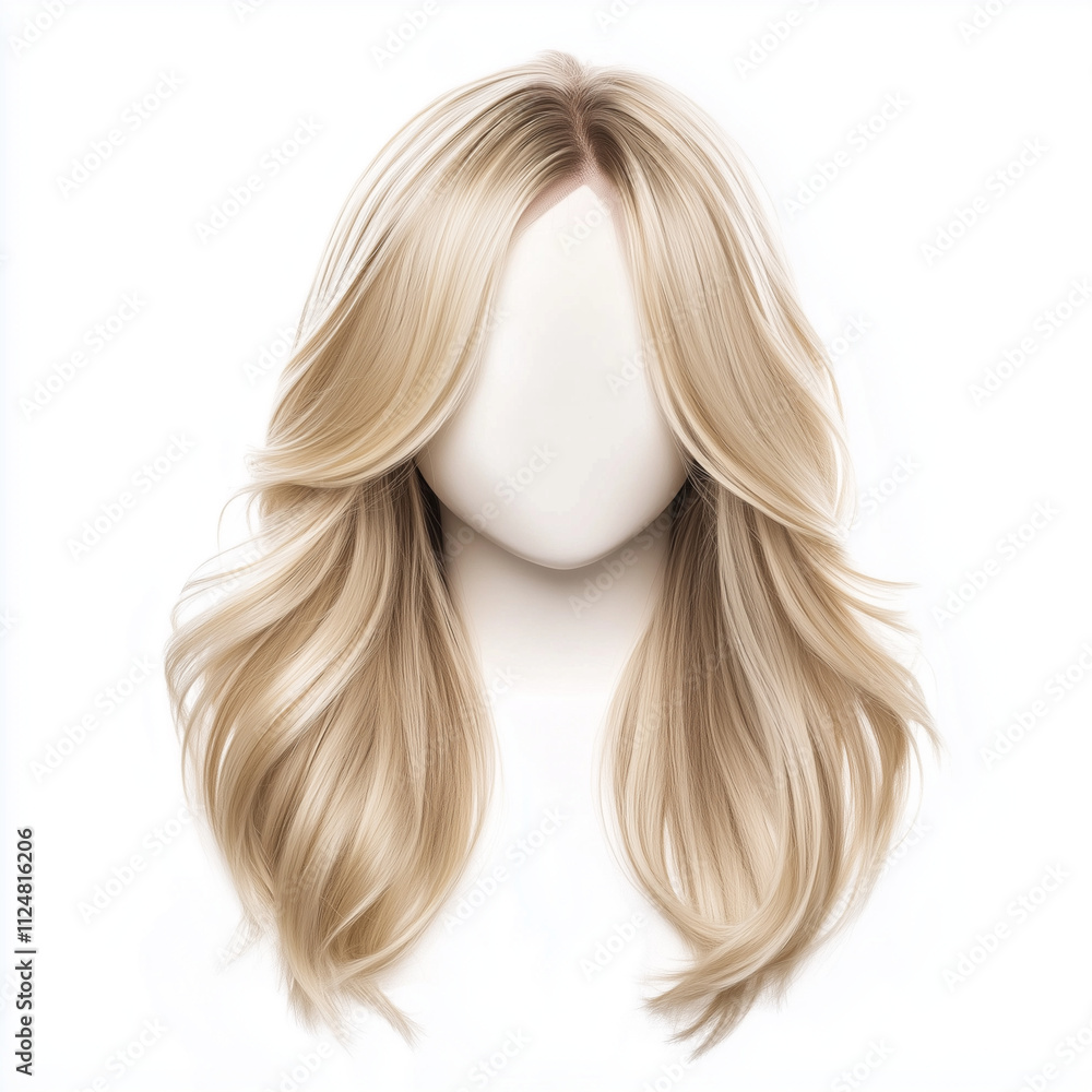 Medium length natural blonde wig with soft layers isolated on white background Medium length natural blonde wig with soft layers isolated on white background