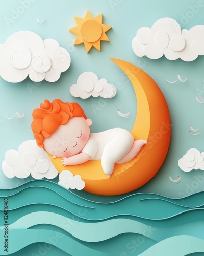 Child peacefully sleeping on a crescent moon. photo