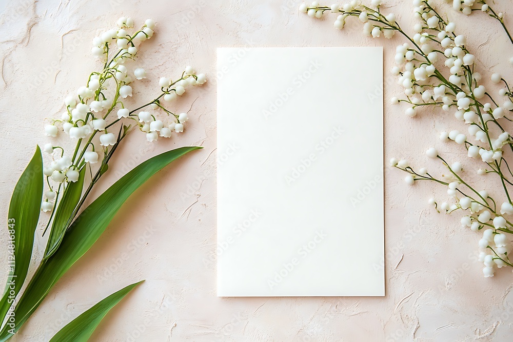 Serene and inviting scene with an elegant blank greeting card and fresh lily of the valley flowers on a textured pink background Serene and inviting scene with an elegant blank greeting card and fresh lily of the valley flowers on a textured pink background